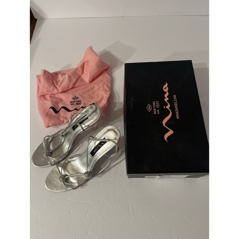 Nina Silver Strappy Rhinestone Sandals Clear Acrylic Heel Women's 7.5